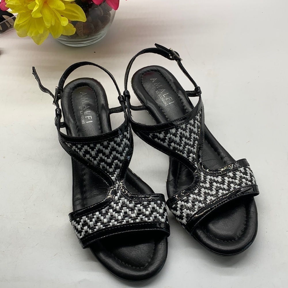 Amalfi by Rangoni black white 1 3/4” Wedge Sandal Sz 7 MCW6550E